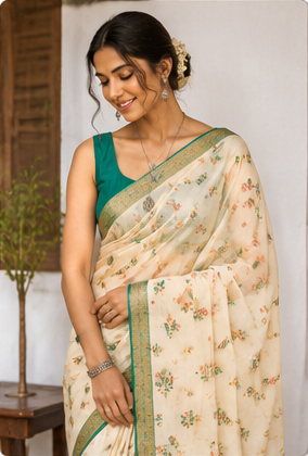 A woman wearing a cream-colored floral saree with a green border and a solid green blouse, standing in an indoor setting.