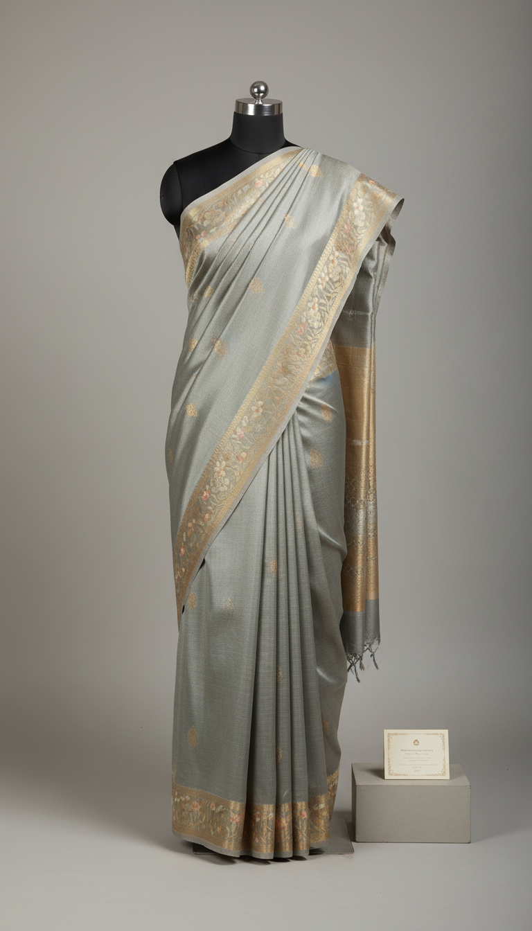 Chanderi silk saree in mist grey box presentation